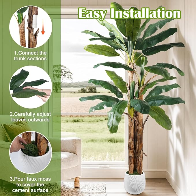 8FT Artificial Banana Tree Faux Banana Leaf Plant Artificial Tropical Tree Outdoor Large Faux Plants Indoor Fake Tree for Patio Balcony Garden Living Room Office Decor (with Faux Moss)