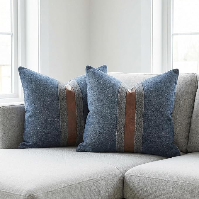 BOYSUM Set of 2 Leather Throw Pillow Covers Cotton Linen Decor Patchwork Pillow Cover Faux Leather Pillows Cover for Couch Sofa Living Room Bedroom,Navy Blue 20"x20"
