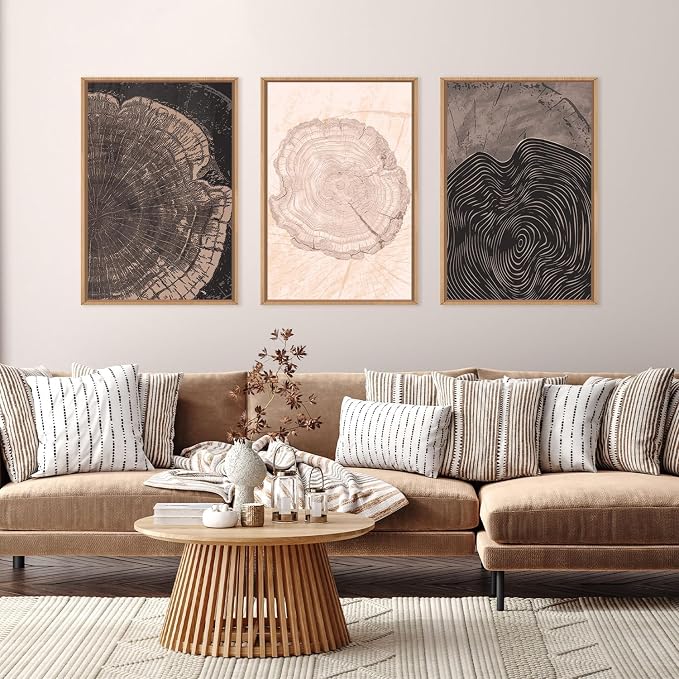 Beige Pastel Wood Tree Rings Framed Canvas Wall Art Set,Modern Nature Grey Wood Stump Wall Decor,Vintage Minimalist Tree Spiral Art Print for Living Room,Bedroom,Dining Room,Office-16 x24 x3