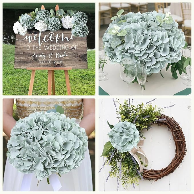 AVIVIHO 65pcs Fake Flowers Sage Green Hydrangea Artificial Flowers Bulk (Not Squished, No Steaming Need) Silk Flowers with Stems for Wedding Decor,Home,Baby Shower,Table Centerpieces Decoration