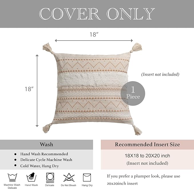 BlissBlush 18X18 Throw Pillow Cover, Cream Neutral Beige Square Decorative Cushion Cover, Boho Accent Pillowcase with Tufted Details and Tassels for Couch Sofa Living Room(Cover Only)