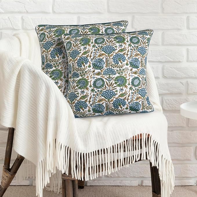Ridhi Block Print Asparagus Green Pillow Cover 16" x 16" (Pack of 2) Decorative Couch Pillows for Living Room, Chic Boho Cute Outdoor Pillows Covers Gifts for Spring, Easter and Valentine