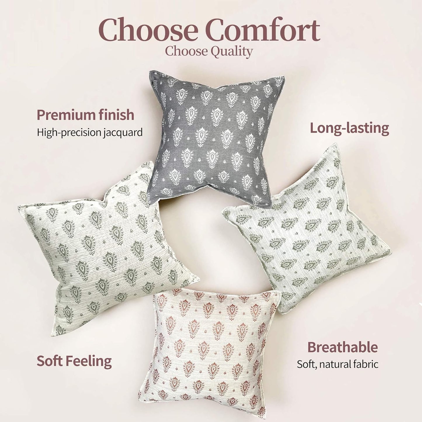 Floral Throw Pillow Covers 18x18 Set of 2, Dark Grey Decorative Pillow Covers Neutral Faux Linen Cotton Blend, Vintage Look for Couch, Sofa, Bed, Living Room