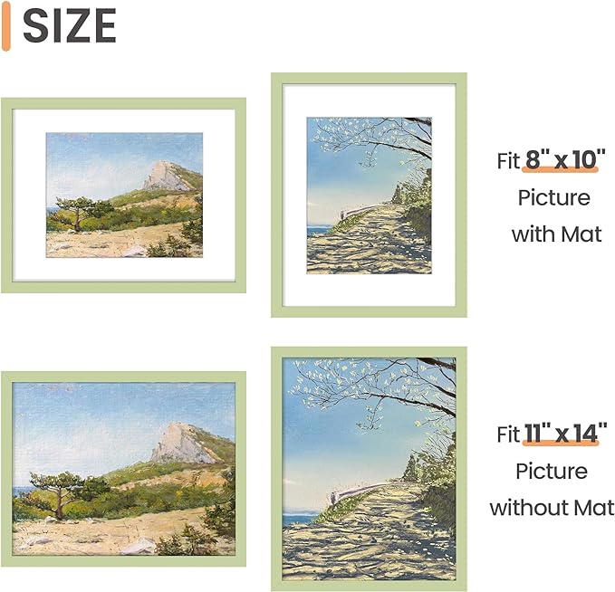 upsimples 11x14 Picture Frame, Display Pictures 8x10 with Mat or 11 x 14 Without, Wall Hanging Photo Frames, Green, 1 Pack