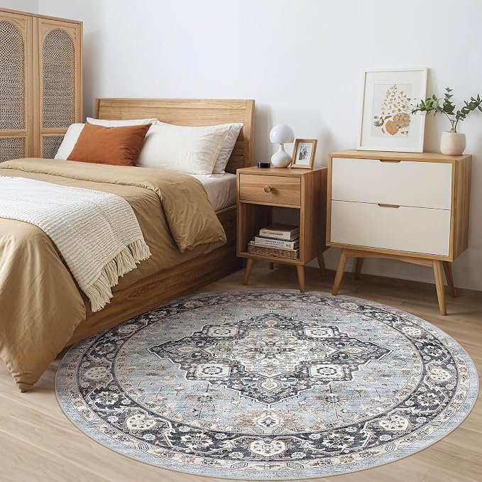 Round Rug Living Room Rugs: 7x7 Washable Boho Neutral Large Circle Soft Indoor Distressed Stain Resistant Floor Farmhouse Carpet for Bedroom Nursery Kids Playroom Office Dining Room Dorm- Blue Tan