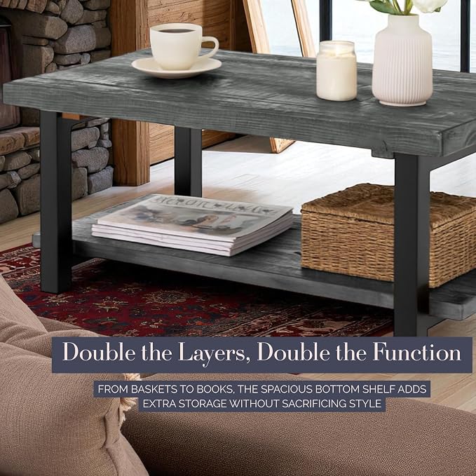 Alaterre Furniture Pomona Solid Wood Coffee Table, Slate Grey, 42” | Rectangular Center Table with Storage Shelf and Metal Legs, Rustic Industrial Farmhouse Living Room Furniture