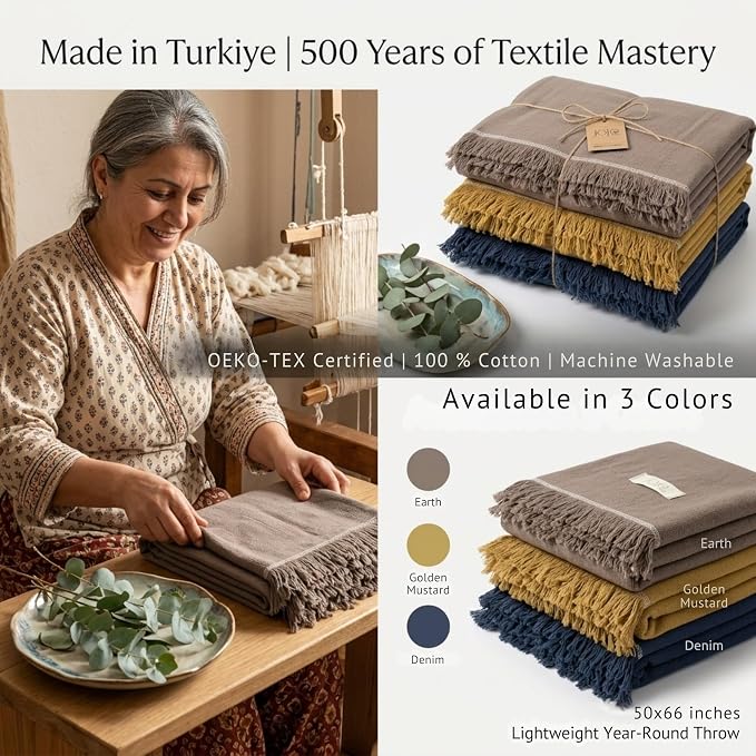 Odin Waffle Throw Blanket with Tassels, 50x66 Inch, 100% Turkish Cotton, Oeko-TEX Certified, Breathable Lightweight Throw for Couch, Sofa & Bed, Made in Turkey, Sand