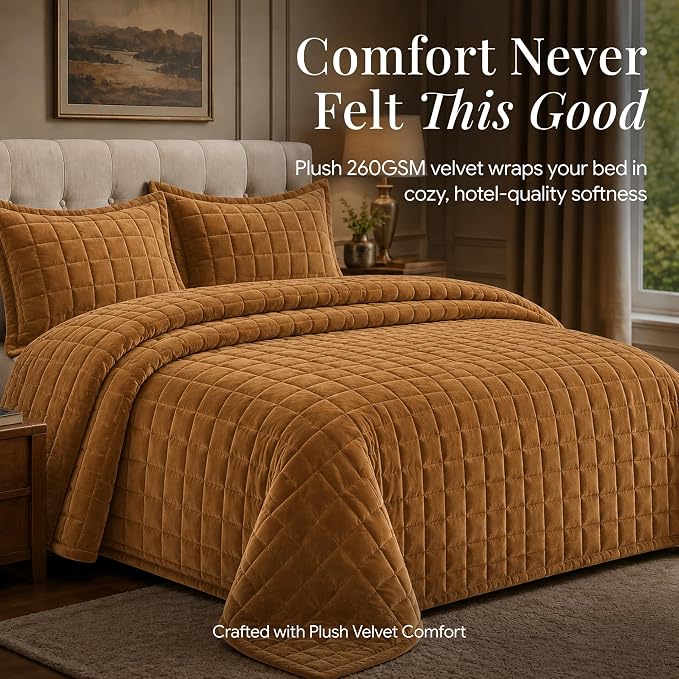 Tribeca Living Luxury Velvet Quilt Queen Size Set - 260GSM Ultra-Soft Oversized Velvet Bedspread Comforter Set with 2 Shams, in Florence Camel
