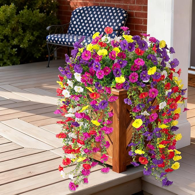 Fake Artificial Hanging Morning Glory Flowers for Outdoor Planters Porch Pation Decoration,8 Bundles UV Resistant Silk Faux Flowers with Realistic Eucalyptus Plants for Home Office Garden Decor