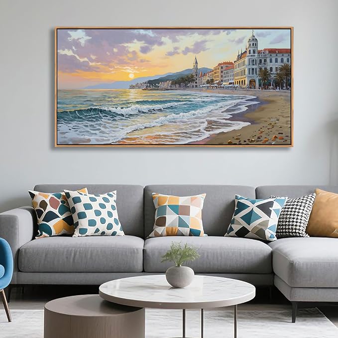 YDYSUNE Framed Retro Sunset Beach Coastal Canvas Wall Art, Ocean Seaside Wall Decor for Living Room Bedroom Office Dining Room Home Decoration, 24"×48"