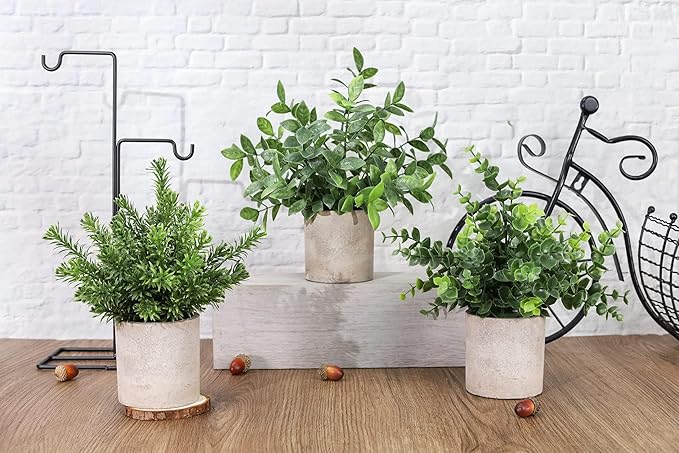Der Rose 3 Pack Mini Potted Fake Plants Artificial Plastic Eucalyptus Plants Topiaries for Home Office Desk Farmhouse Shelf Room Bathroom Decor(Green)