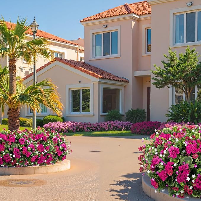Ouddy Decor 18'' Artificial Geraniums Flowers for Outdoors, 10 Bundles Mixed Fake Silk Flowers Plastic Plants UV Resistant for Summer Garden Porch Patio Planter Home Decor, Fuchsia