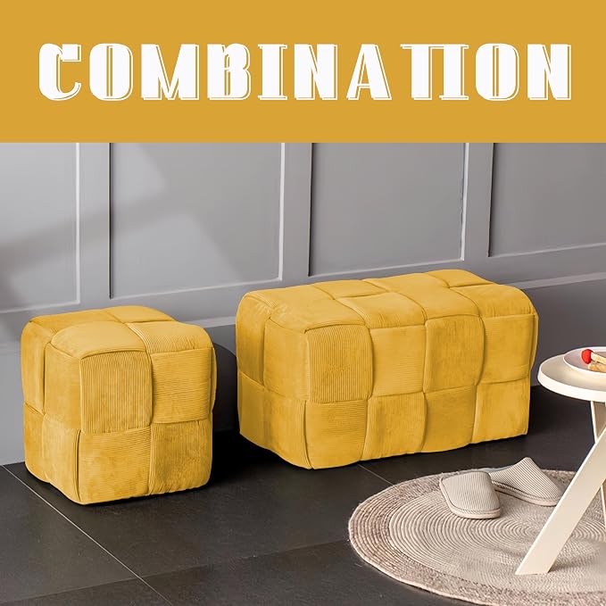 Cmishe 28" Rectangular Woven Corduroy Ottoman Footrest - Large Modern Entryway Bench & Bed End Stool, Sturdy Wood Frame, No Assembly (Yellow-L)
