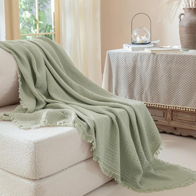 Muslin Fringe Blankets for Adults: 100% Cotton Cloud Soft | 4-Layer Gauze Breathable Lightweight All Season Throw Blanket for Bed Couch Sofa Office