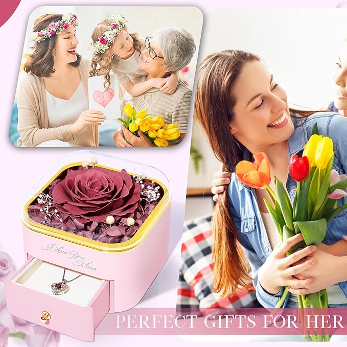 Beferr Mothers Day Forever Rose with Necklace for Mom Birthday Gifts Preserved Roses Eternal Flower for Delivery Fresh Flowers Gifts for Mother Wife Her Grandma Sister Daughter Girls Friends