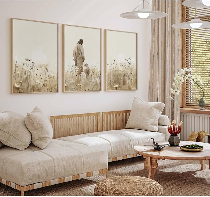 Jesus Leaves the 99 Sheep Wall Art Christian Canvas Poster Jesus and Lamb Wall Decor Religious Pictures Lost Sheep Painting God Christ Painting Artwork for Bedroom Living Room 16x24x3 Inch Unframed
