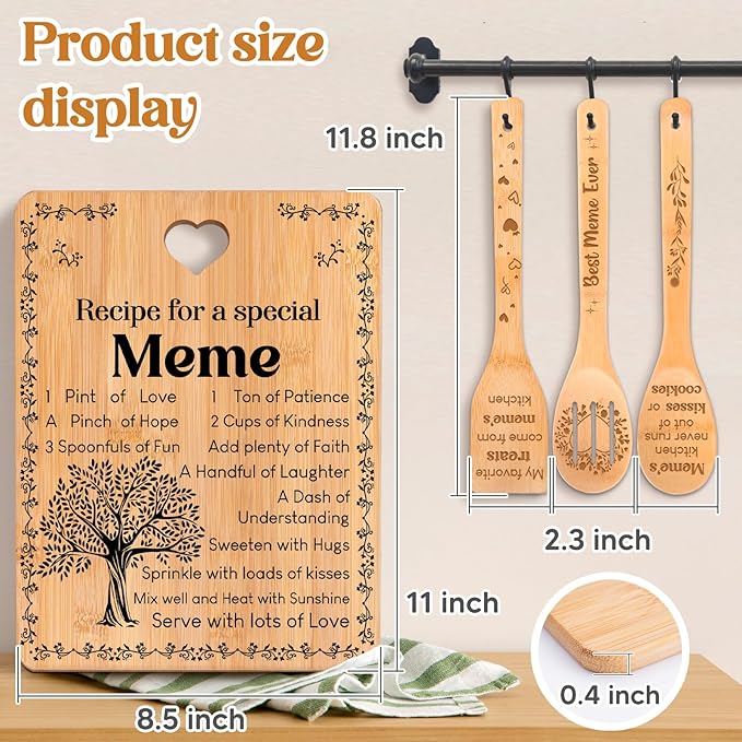 Meme Gifts - "Recipe for a Special Meme" Meme Gifts for Grandma Cutting Board Set, Bamboo-Made Engraved Utensil Set Gifts for Meme Cutting Board, Mothers Day Gifts for Meme.
