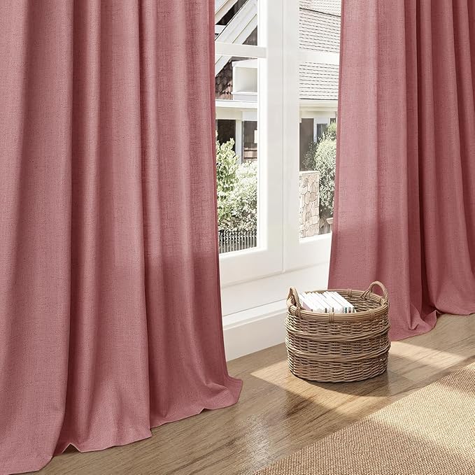 Canyon Rose Linen Curtains for Living Room 94 Inches Long Light Filtering Semi Sheer Curtain Back Tab Modern Farmhouse Decor Elegant Luxury Boho Girl Drapes for Bedroom Dinner Room 52x94, 2 Panels