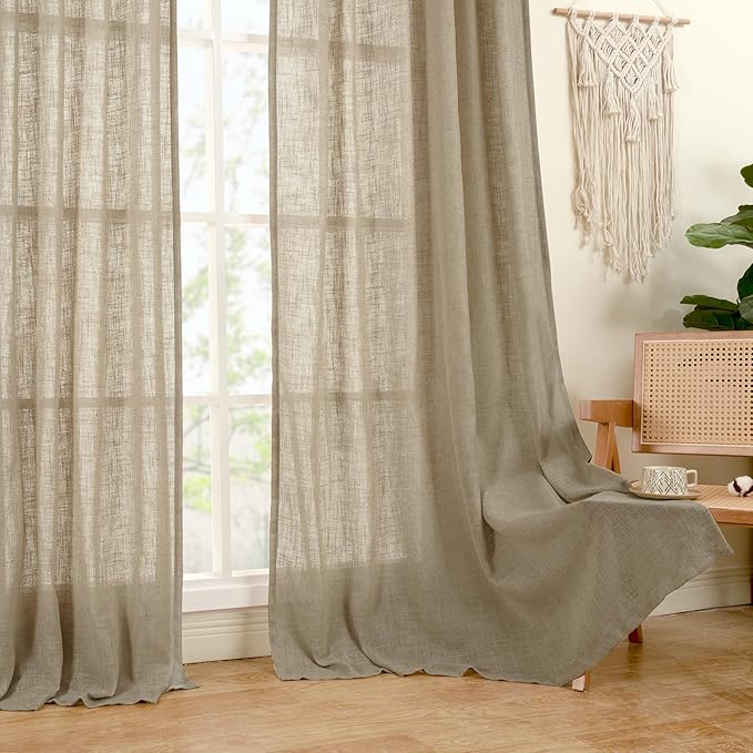 LAMIT Taupe Linen Curtains 24 Inch Length, Semi Sheer Light Filtering Window Panels Back Tab and Rod Pocket Drapes for Basement/Small Windows, 25 x 24 Inch, 2 Panels
