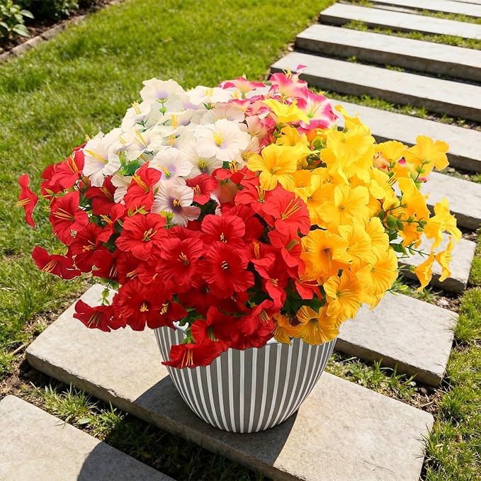 Artificial Flowers for Outdoors Fake Plants Outside, 16 Bundles Silk Morning Glory with Eucalyptus, UV Resistant Realistic Faux Flowers for Planters Porch Patio Garden Balcony Decor (4 Color)