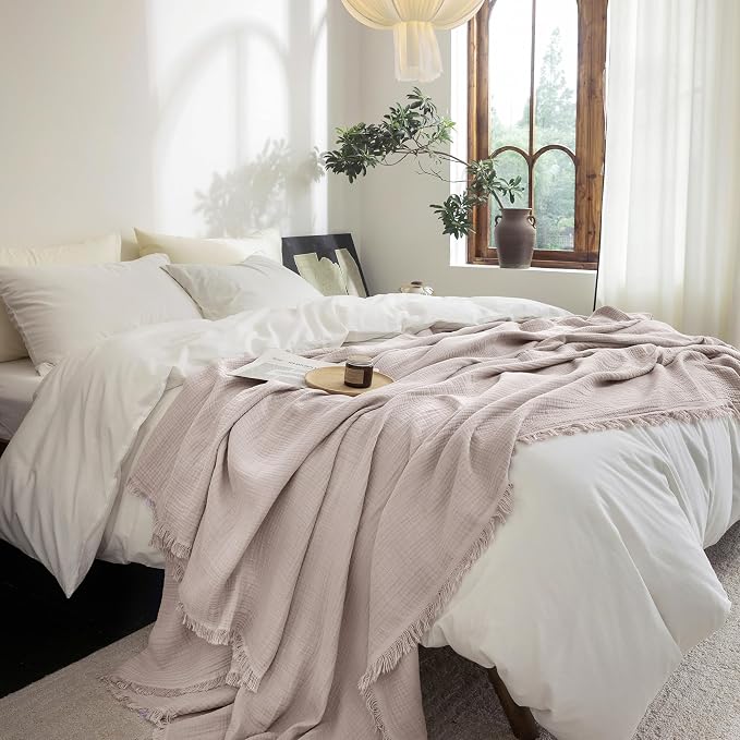 FOSSA Muslin Blanket 4-Layer 100% Cotton Gauze Blanket with Fringe 50"x70" | Super Soft Breathable Lightweight All Season & Decorative Blanket or Bed, Sofa, Office (Greyish Pink,Throw XL)