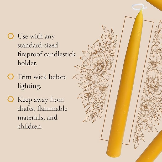 100% Pure Beeswax Taper Candles - All-Natural Handmade Decorative & Dipped Smokeless Unscented Candles for Christmas, Advent, and Hanukkah, Natural Yellow, 8.5 Inches, 24 Candle Set, by BeeTheLight