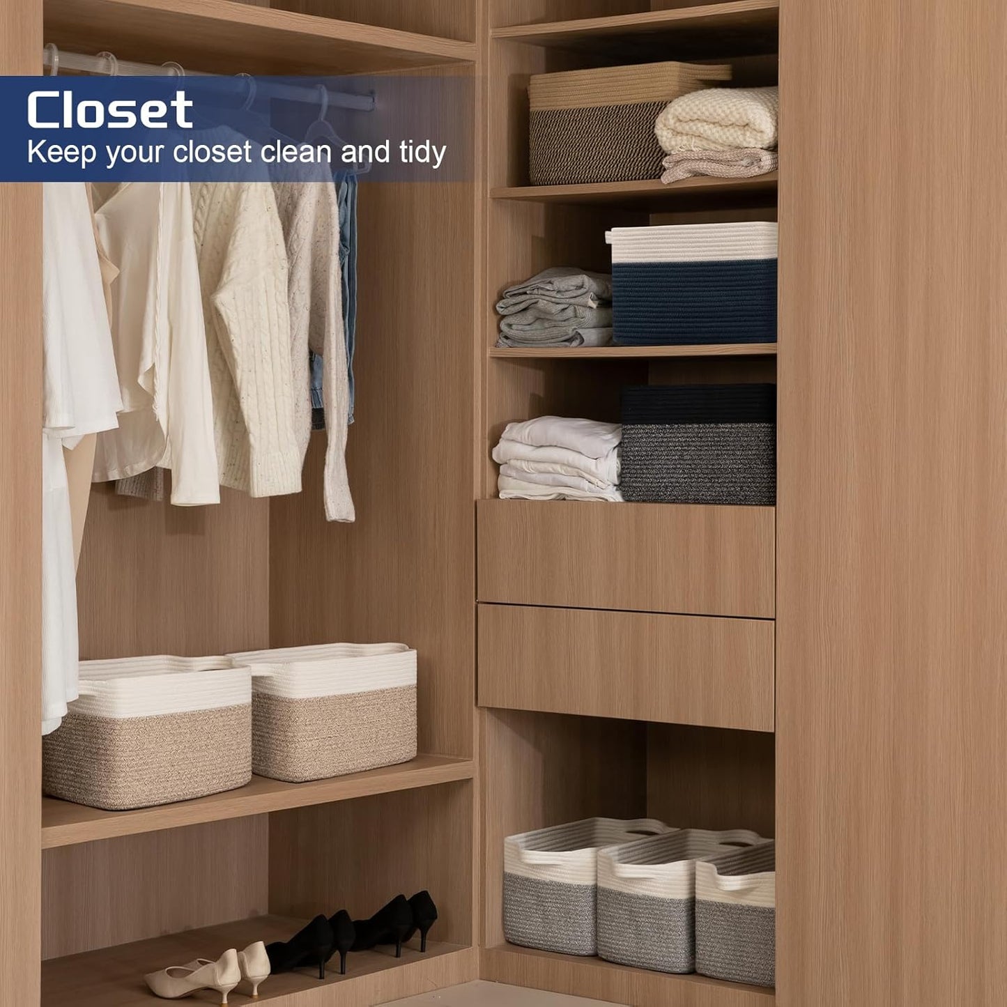 Storage Basket for Organizing, Woven Baskets for Storage, Rectangle Decorative Baskets for Shleves, Closet, Toys, Books, Nursery Organizer Bins - Pack of 3 (Blue & Black)