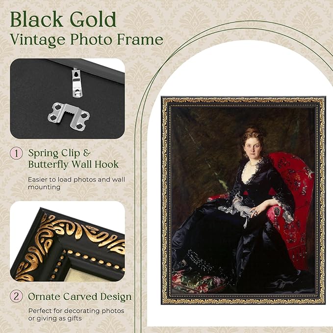 TWING 11x14 Picture Frame,Display 8x10 Photo with Mat or 11x14 without Mat,Ornate Vintage 11 x 14 Photo Frames for Wall Mounting,Black Gold,1 Pack