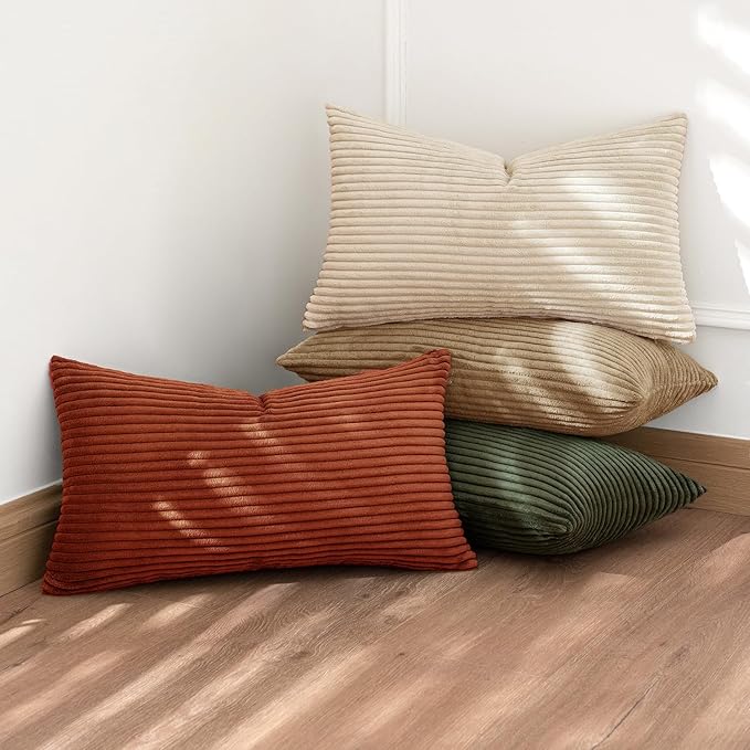MIULEE Boho Farmhouse Throw Pillow Covers 12x20 Inch Set of 4 Mordern Rust-Olive Green Cushion Covers Soft Corduroy Nordic Home Decor for Spring Couch Bed Sofa Living Room