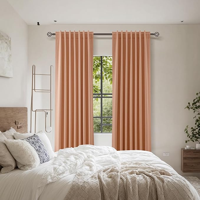 Guken 100% Blackout Curtains 90 Inch Length 2 Panels Set for Living Room Bedroom Back Tab Thermal Insulated Black Out Linen Drapes Room Darkening Peach Quartz,52x90