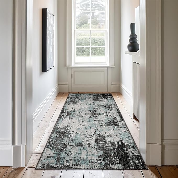 RELEANY Washable Area Rugs 2'x8' Non-Slip Modern Abstract Soft for Living Room Entryway Bedroom Nursery, Print Pattern, Blue Black Teal