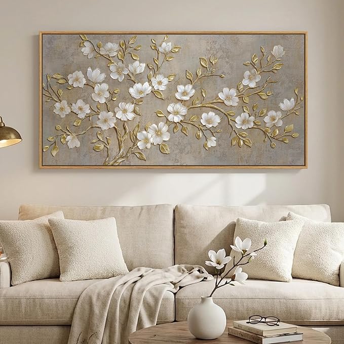 Large Framed Neutral Floral Wall Art for Living Room, Rustic Elegant Magnolia Botanical Canvas Prints Paintings, White Flower with Gold Branches Pictures for Dining Room Office Wall Decor, 60x30 Inch