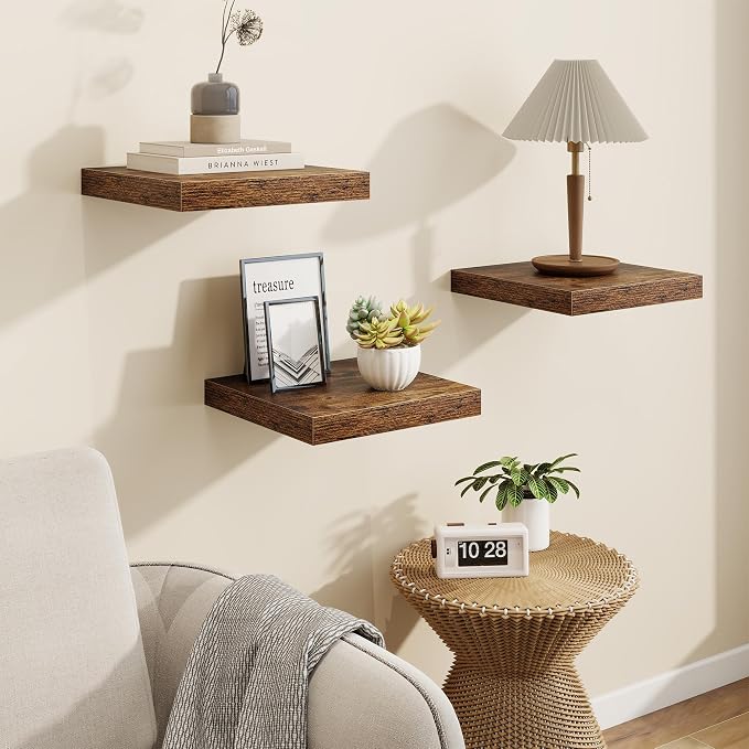 Square Floating Shelves for Wall, 9.25"W x 9.25"D x 1.25"H, 3 Pack Small Wall Mounted Engineered Wood Shelves with Invisible Brackets for Living Room, Bedroom, Bathroom, Kitchen Decor, Rustic Brown