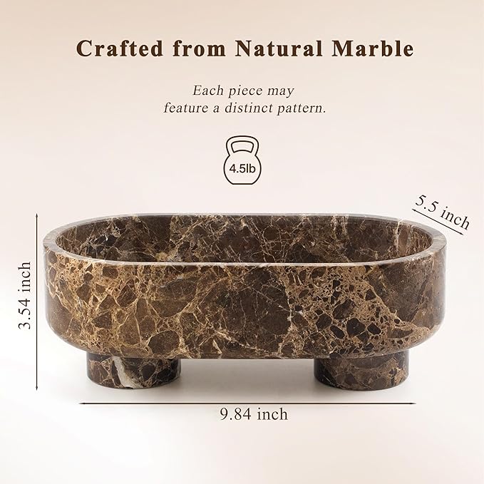 Natural Oval Marble Fruit Bowl, Two-Legged Decorative Bowl Dark Brown | 10" Large Handcrafted Marble Catchall Bowl for Home Decor. Fruit Basket Bowl, Entryway Bowl, Pedestal Bowl for Dining Table