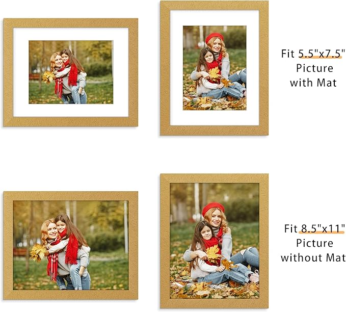 Picrit 8.5x11 Picture Frame Set of 12, Display 6x8 with Mat or 8.5 x 11 without Mat, Photo Frames for Wall Mounting or Table Top Display, Gold