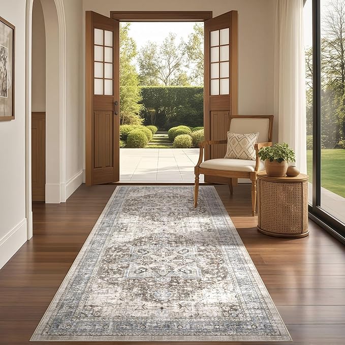 Tortania Area Rug 2x8 Runner Rugs - Washable Vintage Oriental Farmhouse Thin Indoor Carpet for Living Room Bedroom Hallway Entryway Kitchen Under Dining Table Home Office - Brown Blue