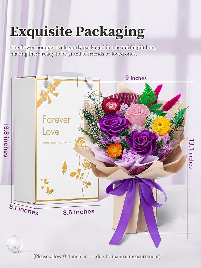 Forever Flowers Gifts for Mom, Mothers Day Preserved Flowers Bouquet Birthday Gifts for Her, Preserved Roses for Grandma Wife Anniversary Valentines Day Christmas (Purple Paper)