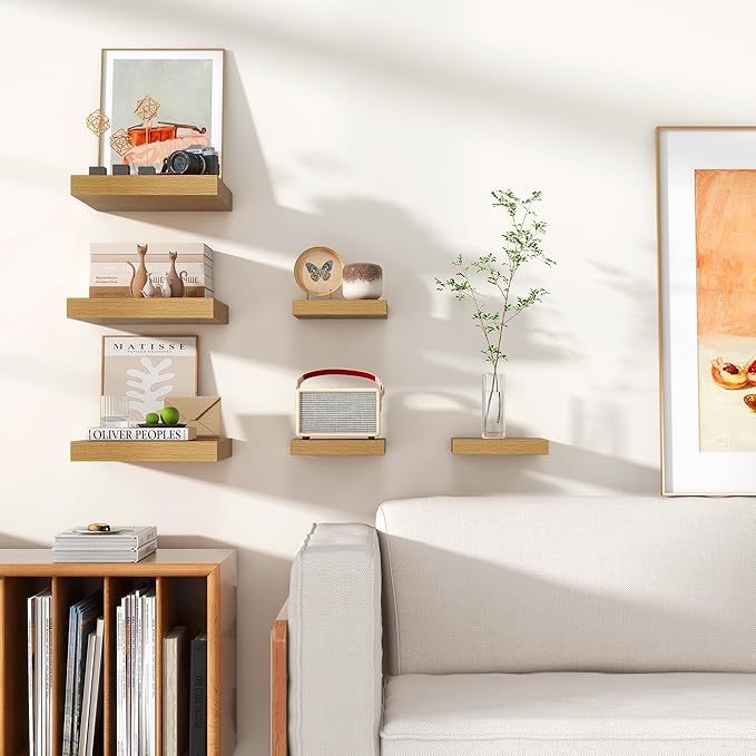 Venusmiles 12"x12" Square Floating Shelves for Wall, Oak Finish, 3-Pack | Engineered Wood Wall Shelves with Invisible Brackets for Living Room, Bedroom, Bathroom, Office & Kitchen Storage