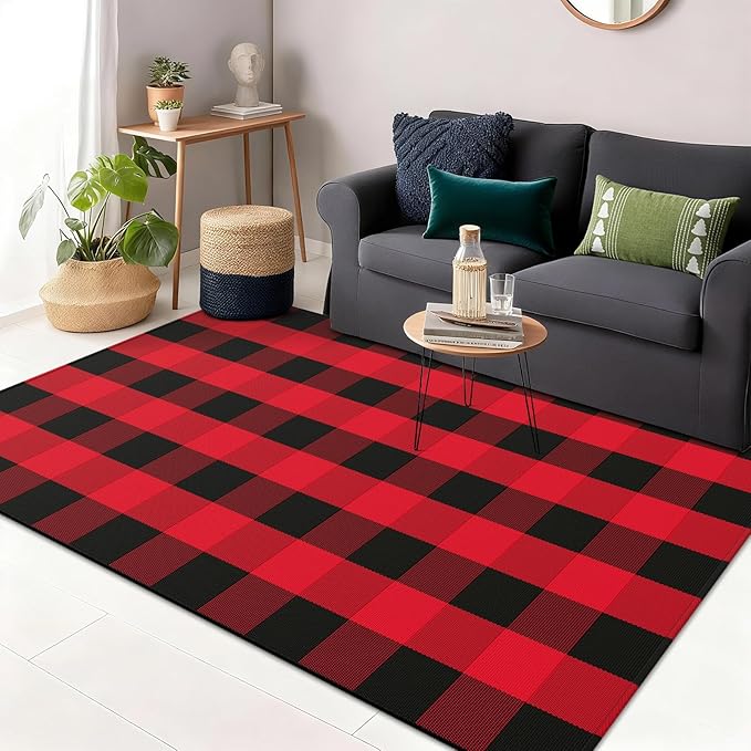 OLANLY Buffalo Plaid Rug 3' x 5' – Red and Black Cotton Checkered Doormat, Washable Indoor Outdoor Rug for Layered Front Porch, Kitchen, Entryway Decor