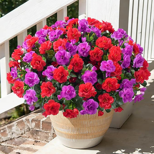 Artificial Faux Outdoor Flowers Plants for Spring Summer Decoration, Fake Silk Camellia UV Resistant Look Real for Planter Outside Front Door Porch Patio Balcony, 3 Large Bundles (Red+Fuchsia)