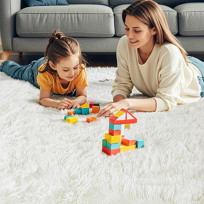 KCHOWUA Ceam White Fluffy Shag Large Area Rug for Living Room,5'x8' Machine Washable Furry Fuzzy Rugs for Bedroom,Modern Soft Shaggy Plush Cute Carpet for Kids Boys Girls Dorm Room Nursery,Ivory