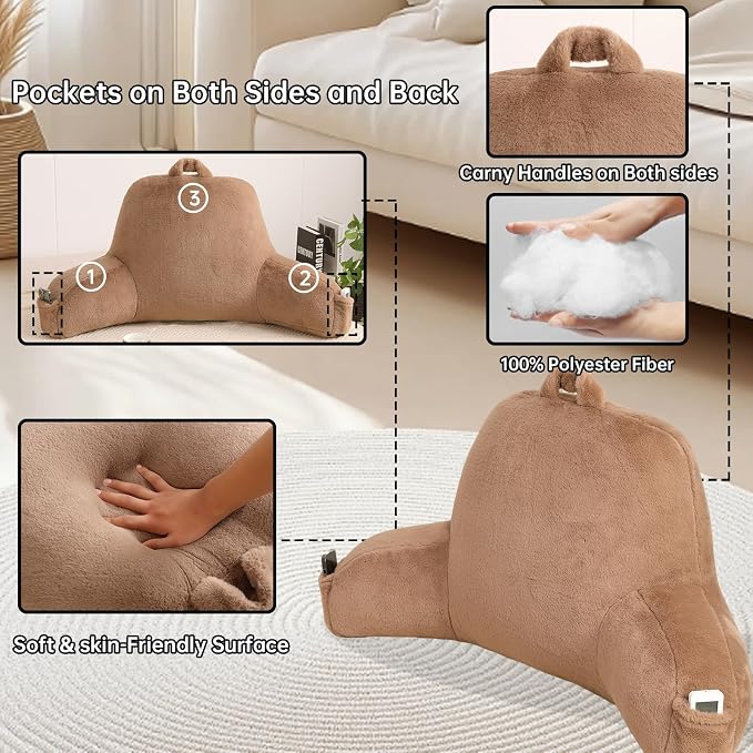 Large Plush Backrest Pillow for Sitting in Bed,Faux Fur,Khaki | 19" Back Pillow with Arms Supports Adults,College Students,Elbows & Forearms for Dorm Reading,Gaming,Watching TV