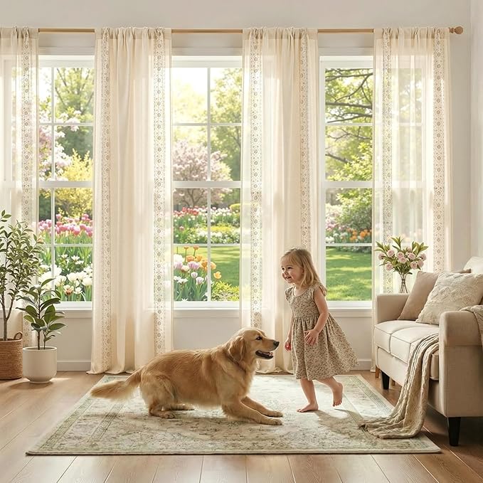 jinchan Weslie Beige Floral Sheer Curtains for Living Room 96 Inch Long Embroidered Voile Farmhouse Linen Curtains for Bedroom Ivory Flower Patterned Cottage Core Window Drapes 2 Panels Ivory on Beige