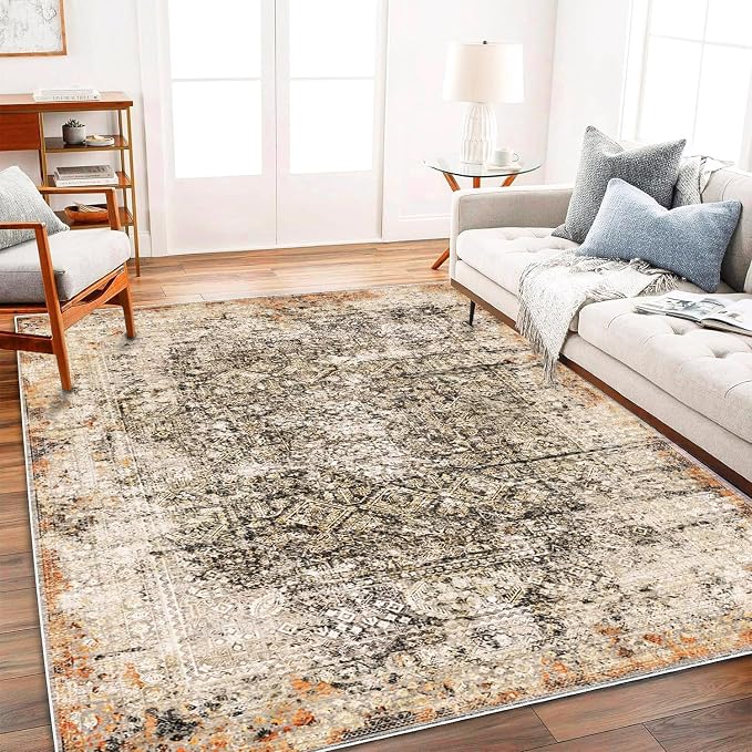 CHAMPLANT 5'x7' Washable Area Rug Vintage Traditional Floor Cover Foldable Thin Kitchen Accent Indoor Distressed Non Slip Carpet Floral Print Mat for Bedroom Living Room Bathroom