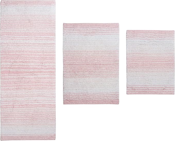 Home Weavers 100% Cotton Gradiation Collection Bathroom Décor | Washable Rug | Bathroom Mat | Kitchen Mat | Bathroom Rug Set | Bath Mat Set | Bath Floor Mat Non Slip, 3 Piece Set with Runner, Pink