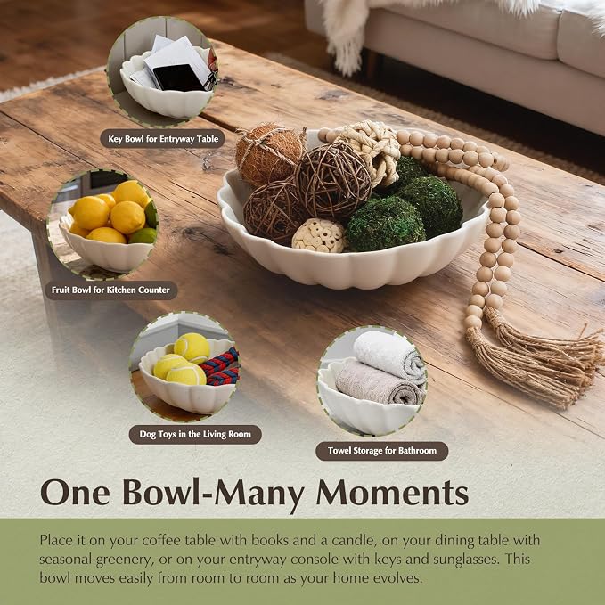 10.5” Large Ruffle Scalloped Fluted Bowl for Kitchen Counter, White Ceramic Flower Shaped Decorative Bowl , Versatile bowl with scalloped edgel for Entryway Key, Neutral Home Decor Centerpiece Bowl