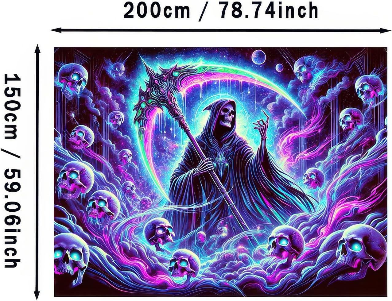 BlissYard Blacklight Skull Tapestry UV Reactive Tapestry 78x59 Inch Grim Reaper Gothic Skeleton Wall Tapestry Glowing Tapestry Large Neon Tapestry Wall Hanging for Living Room Bedroom Decor Teens