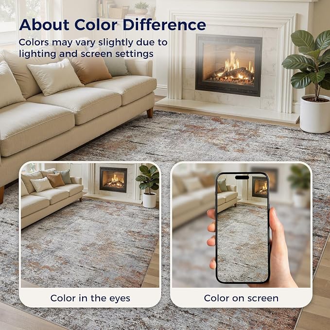 DMOYEST Area Rug Living Room Rugs - 10x12 Large Soft Indoor Neutral Modern Abstract Low Pile Washable Rug Carpet for Bedroom Dining Room Farmhouse Home Office - Grey Rust