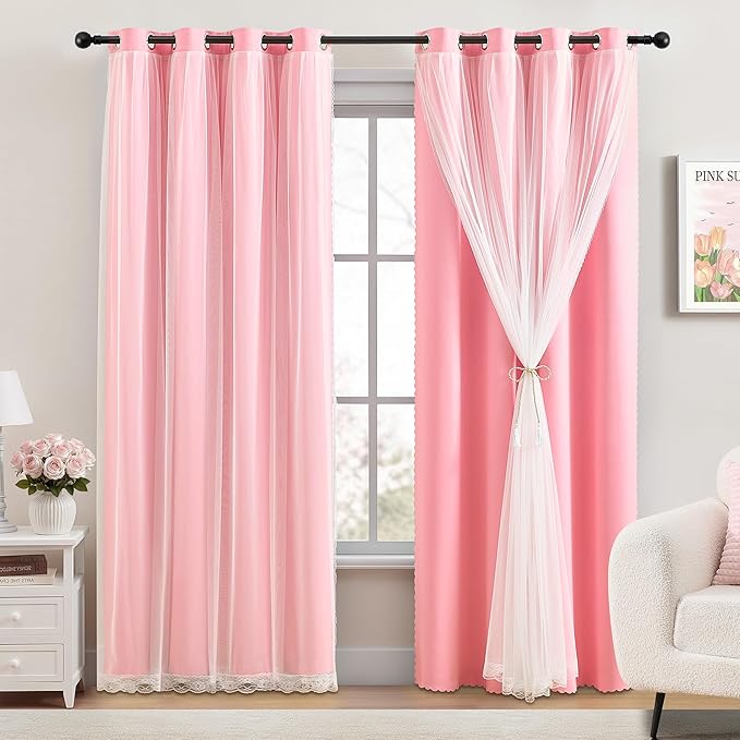 XiDi Double Layer Curtains with Sheer Overlay for Girls Kids Bedroom 96 Inches Long Pink Blackout Curtains Princess Nursery Thermal Insulated Room Darkening Grommet Drapes Lace Hem 2 Panels W52xL96