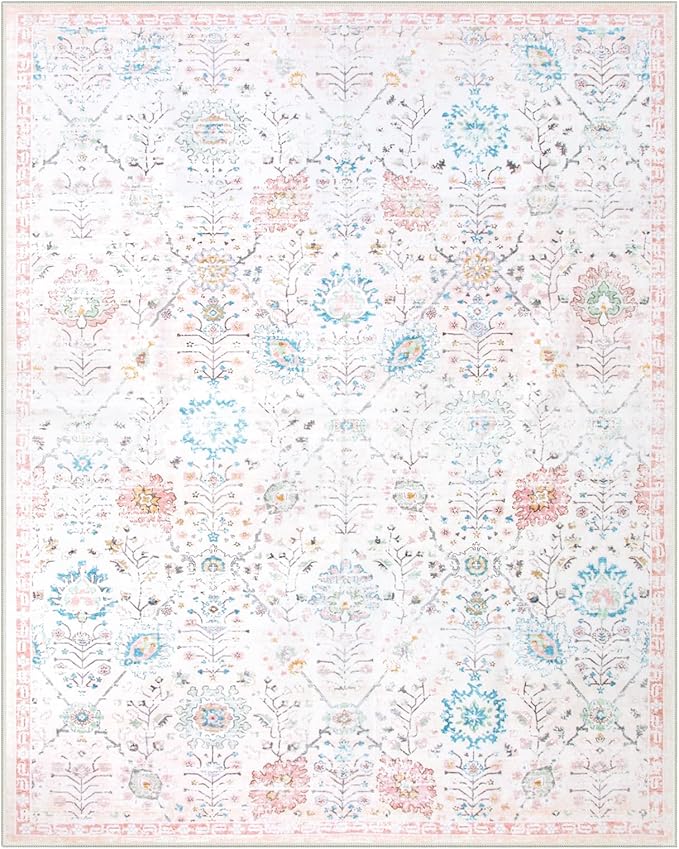 Lahome Flavie Classroom Rug 8x10, Soft Washable Rug for Dorm Room, Non Slip Low Pile Boho Floral Carpet for Bedroom, Playroom, Nursery, Kids Room and Classroom Decor, Beige